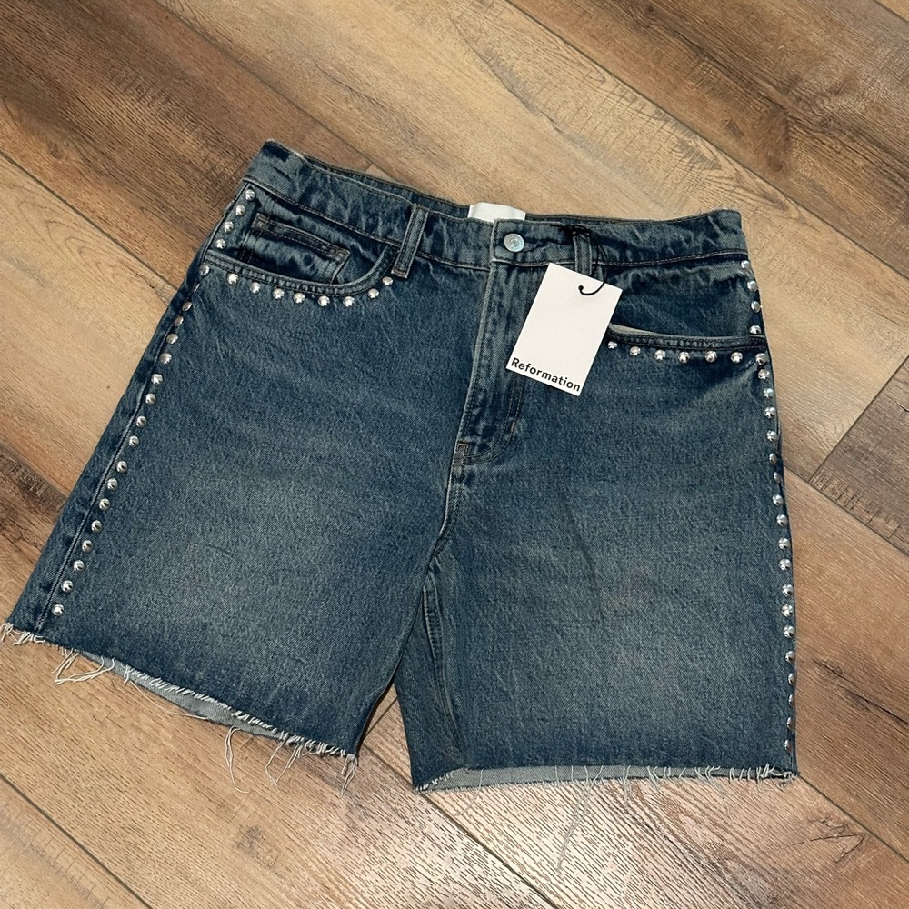 Reformation Dark Wash Studded Denim Shorts